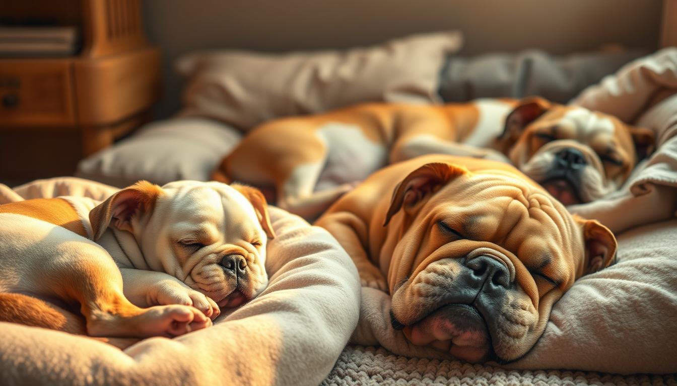 A serene, photorealistic scene depicting the sleep routines of bulldogs at different ages. In the foreground, a playful puppy bulldog curled up in a cozy bed, its eyes gently closed, showcasing the deep slumber of youth. In the middle ground, an adult bulldog sprawled out on a plush rug, sleeping soundly with a content expression. In the background, an elderly bulldog nestled in a soft cushion, its muzzle tinged with gray, exemplifying the peaceful rest of the senior years. Warm, golden lighting filters through the scene, creating a soothing, inviting atmosphere. The image captures the evolving sleep patterns of bulldogs as they progress through life stages, from the restless slumber of puppyhood to the calm, restorative sleep of old age.