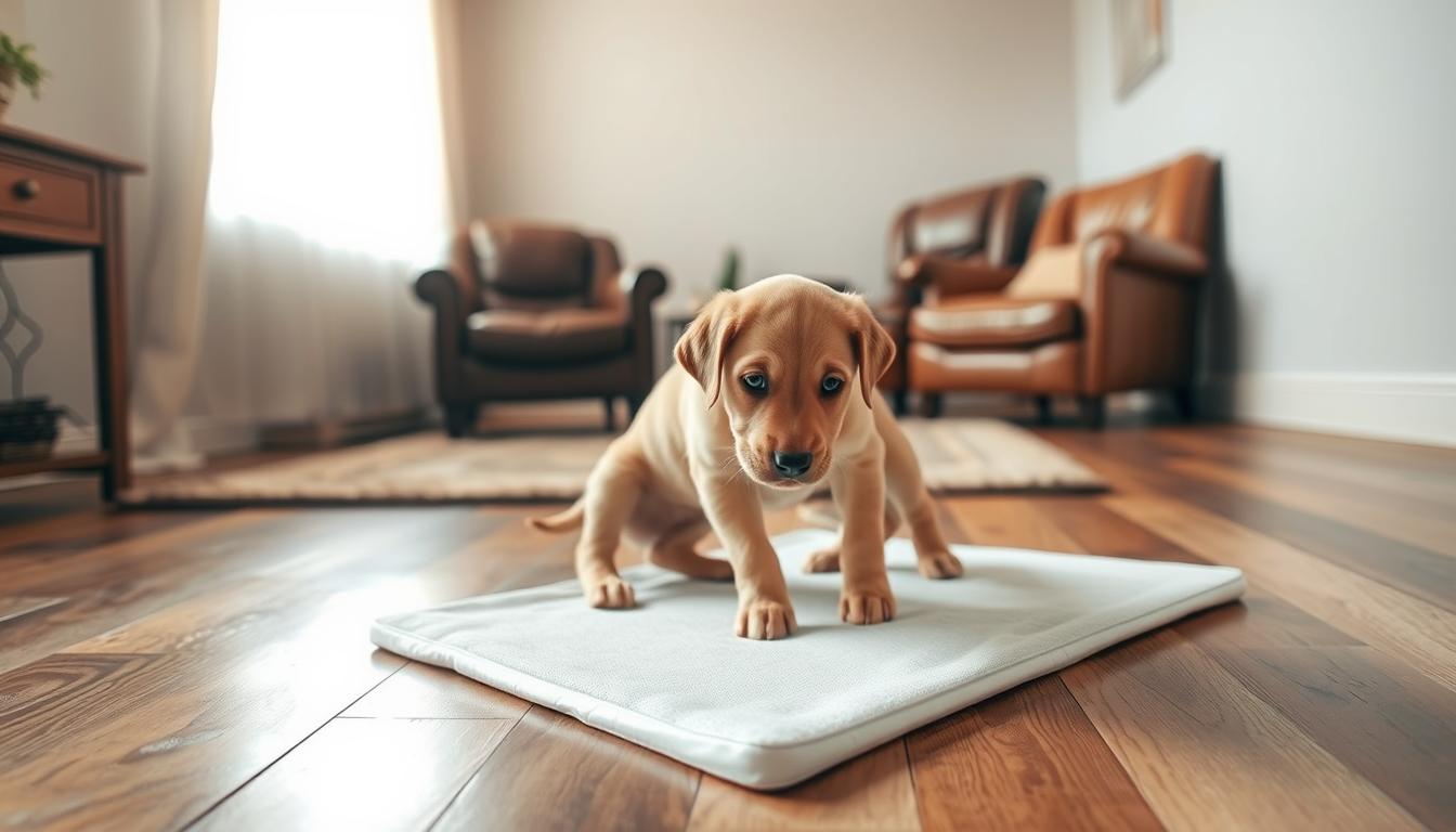 A cozy domestic scene of a puppy learning to use a puppy pad. In the foreground, a playful Labrador puppy sits on a white puppy pad, tentatively sniffing and exploring it. The puppy's expression is curious and alert. In the middle ground, a well-worn hardwood floor leads to a comfortable living room, with a plush area rug and a pair of worn leather chairs. Soft, diffused natural light streams in through a large window, casting a warm glow over the scene. The background features simple, neutral-toned walls, giving the image a calming, nurturing atmosphere conducive to housetraining a new puppy.
