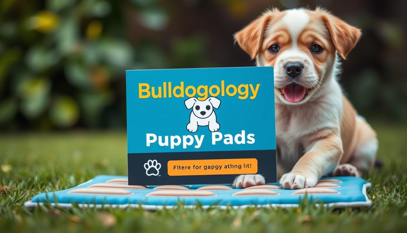 Generate an image of Bulldogology Puppy Pads with a puppy in the background.