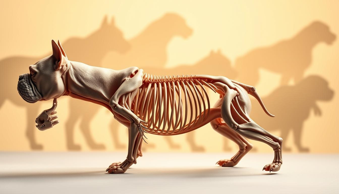 A detailed evolutionary study of bulldog anatomy, showcasing the gradual transformation of their distinctive physical traits. An intricate arrangement in the foreground depicts a sequence of bulldog head and skull structures, highlighting the gradual shortening of the muzzle and the flattening of the face. In the middle ground, a skeletal progression illustrates the changes in the spine and rib cage, leading to the characteristic stocky, muscular build. The background subtly blends various bulldog silhouettes, capturing the essence of their unique body shapes across different developmental stages. Lit by warm, soft lighting that accentuates the textural details, this image aims to provide a comprehensive visual representation of the bulldog's evolutionary journey.