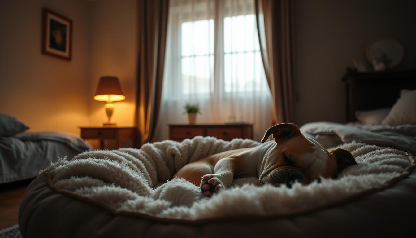 A cozy, dimly-lit bedroom with a soft, plush dog bed in the foreground. The bed is filled with fluffy blankets and pillows, creating a nest-like environment. In the middle ground, a wooden nightstand with a lamp casts a warm, golden glow across the scene. The background features a large window, with sheer curtains gently billowing, letting in just enough natural light to create a peaceful, serene atmosphere. The overall mood is calming and inviting, perfectly suited for a sleeping bulldog.