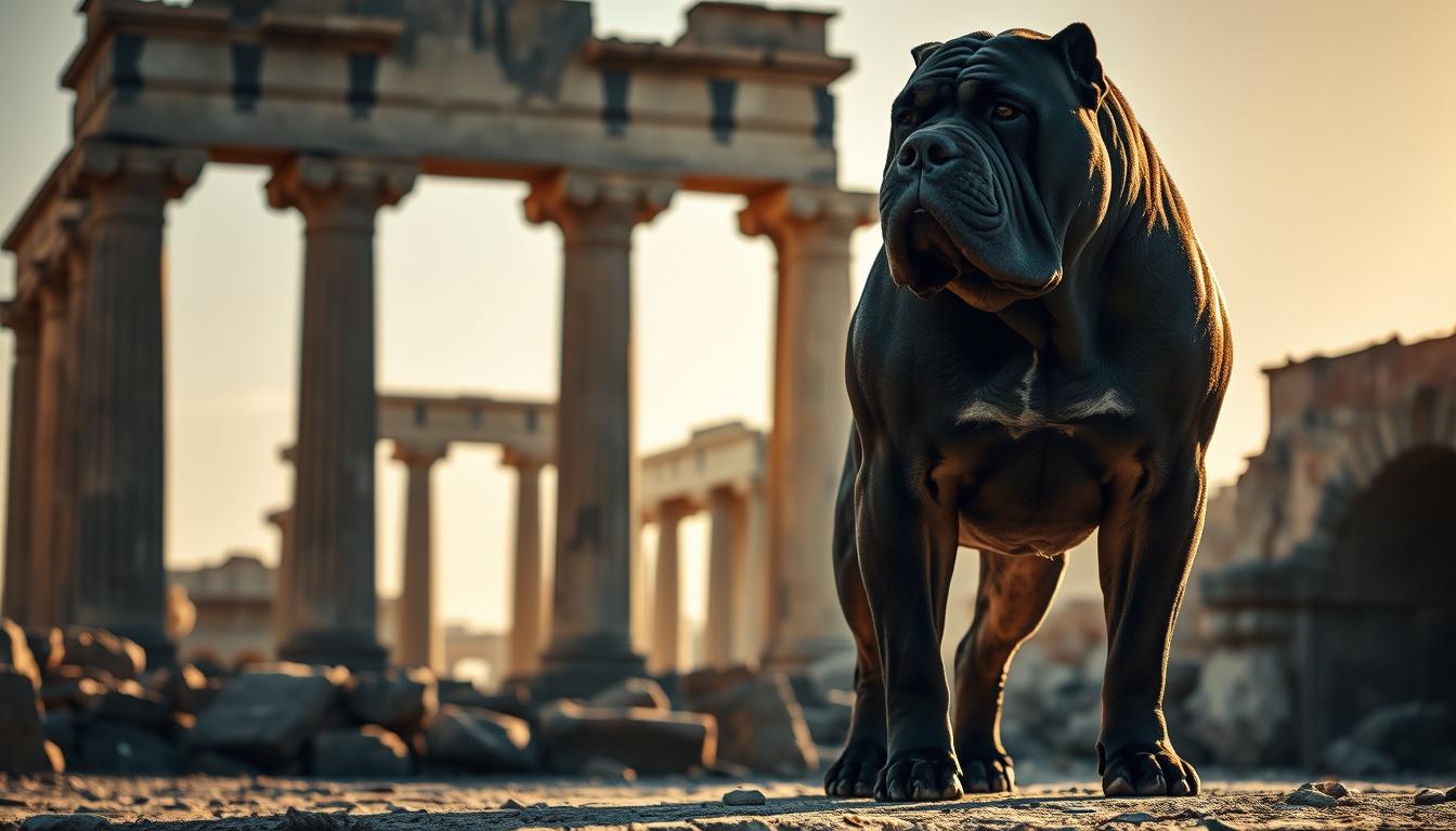 A majestic molosser, a remnant of ancient lineage, stands tall and proud against a backdrop of crumbling stone ruins. Its muscular frame exudes power, a testament to the resilience of its progenitors. The scene is bathed in warm, golden light, casting dramatic shadows that accentuate the breed's distinctive features - the broad head, the powerful jaws, the unwavering gaze. In the distance, the silhouettes of ruined columns and weathered arches hint at the storied past of this breed, a legacy that has endured the passage of time. The atmosphere is one of reverence and awe, a reverence for the enduring spirit of these noble canines.
