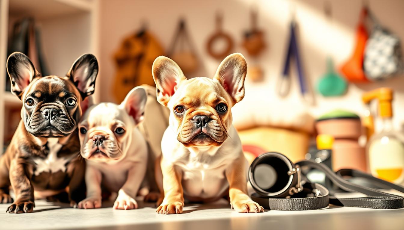 A high-quality close-up photograph of French Bulldog pricing factors, showcasing various elements that contribute to their cost. The foreground features a group of Frenchie puppies in a natural, well-lit setting, their expressive faces and distinctive physical attributes prominently displayed. The middle ground includes various accessories and equipment associated with Frenchie ownership, such as leashes, toys, and grooming supplies, hinting at the additional expenses. The background depicts a serene, pastel-toned environment, emphasizing the premium, boutique-like nature of French Bulldog ownership. The lighting is soft and flattering, accentuating the puppies' endearing features and the overall sense of exclusivity and desirability surrounding this breed.