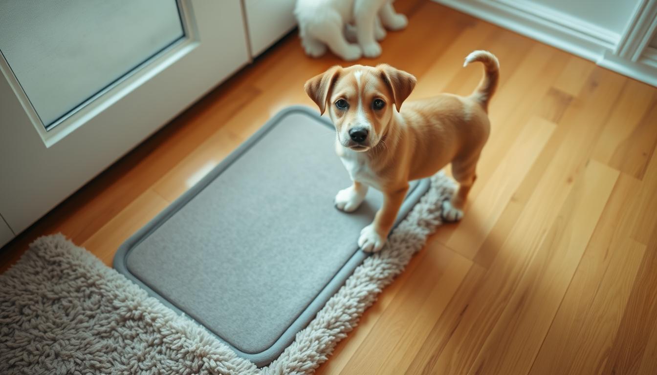A well-lit, high-resolution photograph of a puppy standing in front of a puppy pad placed on a hardwood floor, with the pad positioned near the edge of the floor and partially extending onto a plush area rug. The puppy has a curious, alert expression as it examines the pad. The lighting is soft and natural, creating a warm, inviting atmosphere. The camera angle is slightly elevated, capturing the scene from a slightly overhead perspective to provide a clear view of the pad placement. The focus is sharp on the pad and puppy, with a slightly blurred background to draw the eye to the main subject.