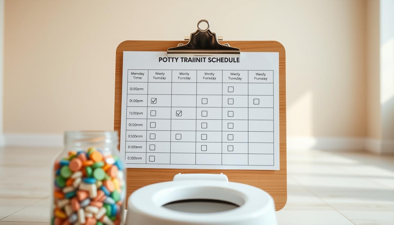 A neatly organized weekly potty training schedule displayed on a wooden clipboard, with an ergonomic child-sized toilet and a jar of stickers in the foreground. The schedule features a grid with labeled days of the week, time slots, and check boxes to track progress. The background showcases a soft, warm-toned minimalist room with neutral-colored walls and floor, providing a calming, focused environment. The lighting is natural and diffused, creating a gentle, approachable atmosphere. The angle captures the schedule at an eye-level perspective, emphasizing the attention to detail and practical organization of the setup.