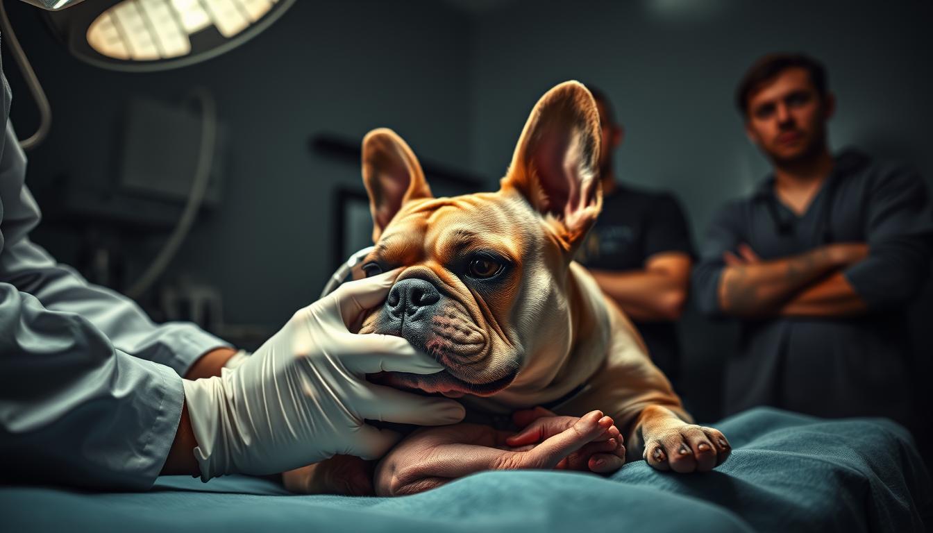 A dimly lit veterinary clinic, the foreground dominated by a French Bulldog undergoing a complicated birthing procedure, the veterinarian's gloved hands gently assisting the delivery. In the middle ground, anxious owners watch on, expressions of concern etched on their faces. The background blurred, highlighting the technical challenges of this breed's reproduction, the specialized equipment and expertise required. Muted colors, dramatic chiaroscuro lighting, a somber, contemplative mood conveying the difficulties and risks inherent in French Bulldog breeding.