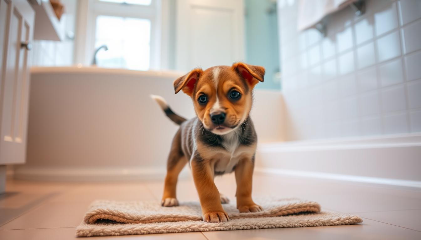 A playful puppy in a bright, modern bathroom, standing on soft, plush bath mats. The puppy's gaze is focused, with ears perked up, as it learns to properly relieve itself in a designated training pad or tray. Warm, diffused lighting from a window or overhead fixture subtly illuminates the scene, creating a sense of patience and gentle guidance. The tidy, well-organized space conveys a nurturing environment, perfect for this crucial stage of the puppy's development.