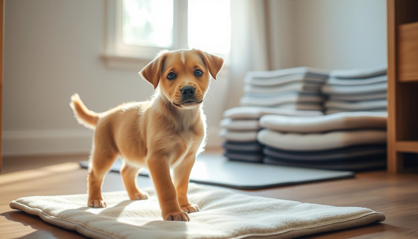 A playful puppy stands attentively on a soft puppy pad, its eyes bright with curiosity. The scene is illuminated by natural daylight filtering through a window, casting a warm, inviting glow. In the background, a neatly organized array of additional puppy pads suggests a thoughtfully prepared indoor training area. The puppy's posture conveys a sense of eagerness to please, hinting at the rewarding progress of potty training. The overall atmosphere is one of patient guidance and nurturing, perfectly suited to illustrate the combination of indoor pads and outdoor breaks in a puppy's journey to mastering this essential life skill.