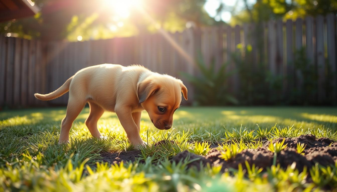 A bright, sunny backyard scene with a curious puppy intently focused on a freshly dug outdoor potty area. The puppy, with a soft brown coat and alert eyes, stands at the edge of a grassy patch, sniffing and exploring the designated potty spot. Sunlight filters through the trees, casting a warm, natural glow on the scene. In the background, a wooden fence and lush greenery create a sense of privacy and security. The overall mood is one of calm, positive reinforcement as the puppy learns a new, essential skill.