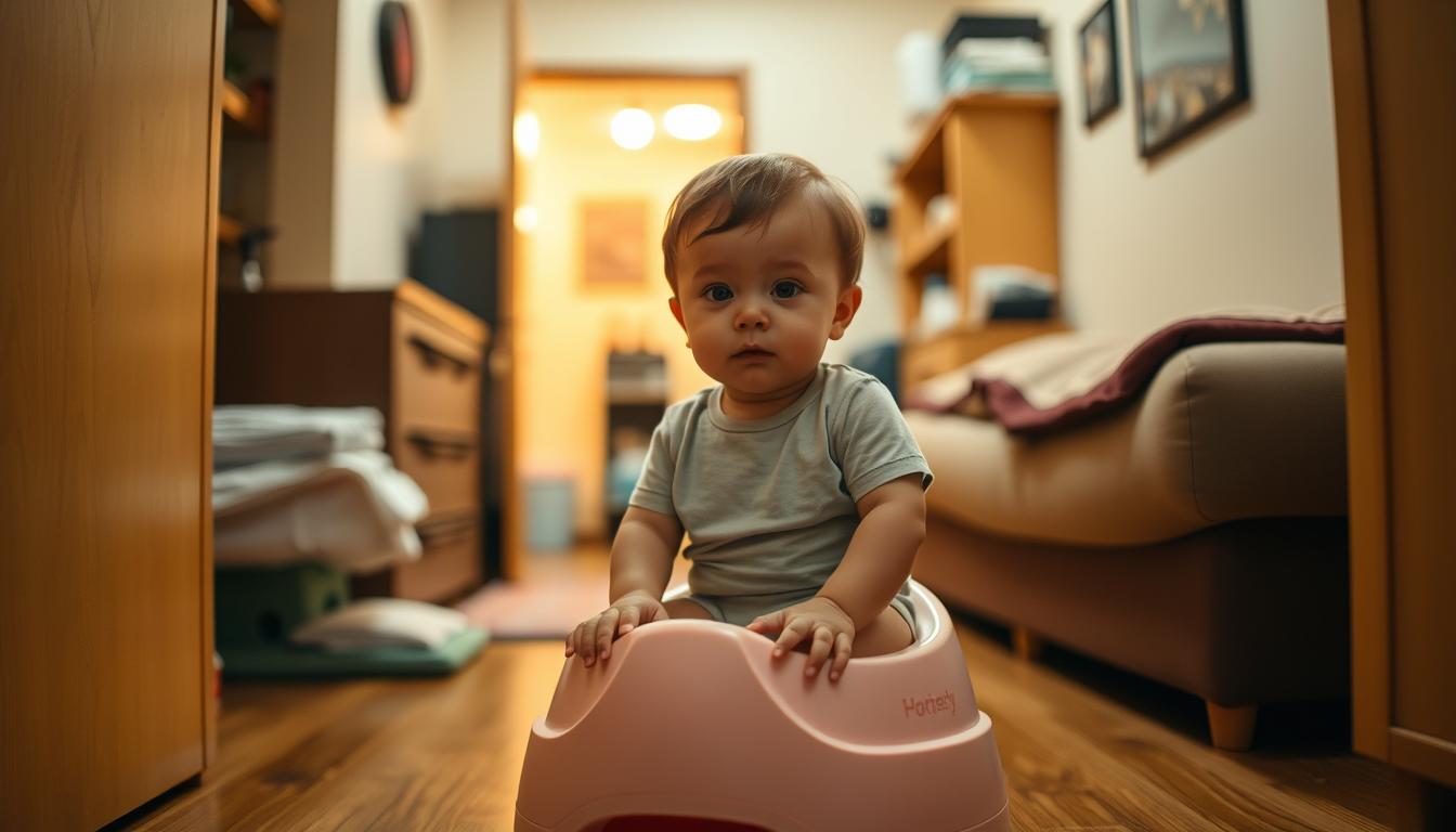 A cozy and compact apartment setting, with a small child sitting on a plastic potty training seat in the foreground. The background shows the limited space, with minimal furniture and a crammed layout. Warm, soft lighting illuminates the scene, creating a sense of intimacy. The child's expression conveys a mix of concentration and determination, as they navigate the unique challenges of potty training in a tight living environment. The overall atmosphere evokes the everyday struggles and triumphs of this milestone in a space-constrained home.