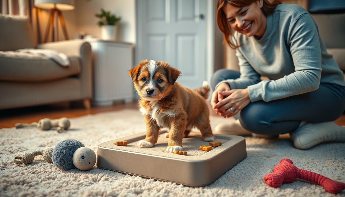 A cozy apartment living room, with a soft, pastel-colored rug and plush dog toys scattered around. In the center, a young puppy, its fluffy brown and white fur gleaming under warm, diffused lighting, is learning to use a small, elevated potty platform, surrounded by a few treats and chew toys to encourage the desired behavior. The puppy's expression is curious and attentive, as a patient, smiling owner kneels nearby, gently guiding and praising the pup's efforts. The scene conveys a sense of patience, positivity, and the gentle process of apartment-friendly potty training.
