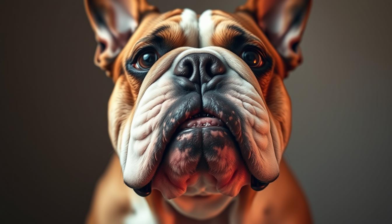 A close-up portrait of a bulldog's head, showcasing the distinct underbite anatomy. The dog's face is rendered in sharp focus, with the protruding lower jaw and overbite clearly visible. The image has a soft, warm lighting that accentuates the bulldog's wrinkled, expressive features. The background is blurred, maintaining the spotlight on the dog's facial structure. The overall mood is one of scientific curiosity, inviting the viewer to examine the unique genetic characteristics that contribute to the bulldog's iconic underbite.