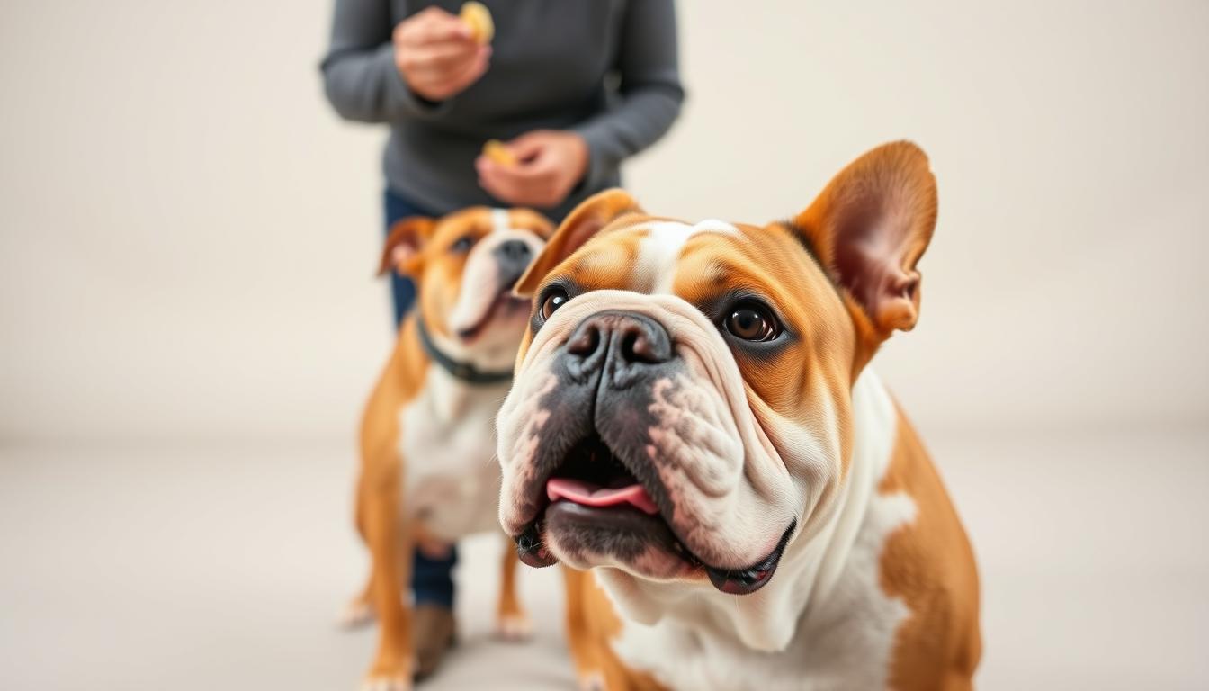 A well-lit, medium close-up shot of a bulldog in a training session, with the handler in the middle ground demonstrating positive reinforcement techniques using treats and clickers. The dog's attentive expression and alert body language suggest an engaged, productive training environment. The background features a simple, clean studio setting with neutral tones, allowing the subject to be the focal point. The overall mood is one of calm, patient instruction, conveying the importance of effective training and socialization for bulldogs.