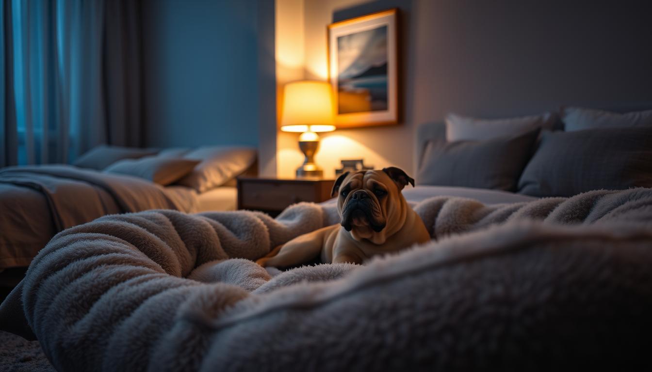 A cozy, dimly lit bedroom with a plush, oversized dog bed in the foreground. The bed is surrounded by soft, plush blankets and pillows, creating a comfortable and inviting napping space. In the middle ground, a wooden nightstand with a low-wattage lamp casts a warm, soothing glow. The background features a neutral-toned wall, with a framed nature print or artwork that adds a calming touch. The overall atmosphere is one of tranquility and relaxation, perfectly suited for a bulldog to enjoy a peaceful slumber.