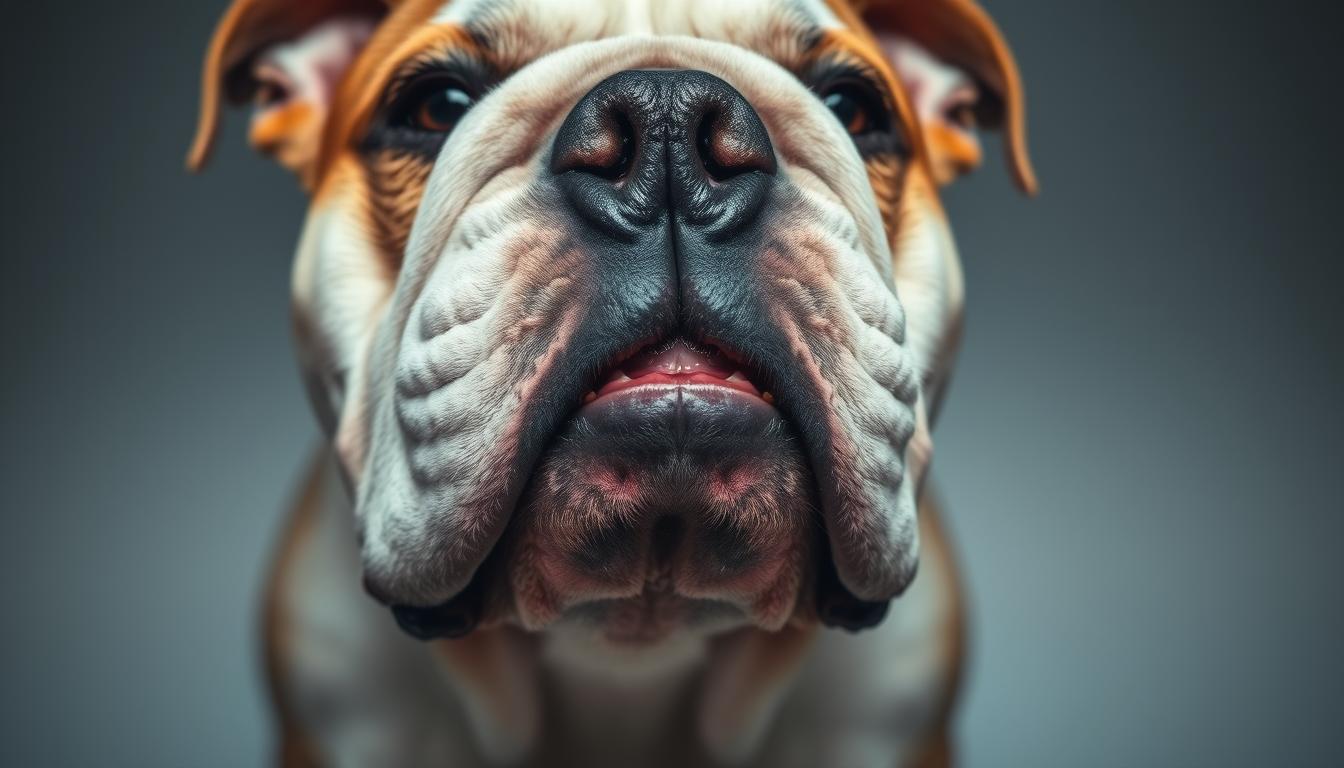 A close-up portrait of a pedigreed bulldog's face, lit with soft, directional lighting that accentuates the breed's distinctive underbite. The dog's jaws are slightly parted, revealing the characteristic overbite and protruding lower teeth. The textured, wrinkled skin and large, expressive eyes convey the bulldog's friendly, good-natured temperament. The mid-ground is subtly blurred, drawing the viewer's attention to the central focus on the dog's facial features. The background is simple and uncluttered, allowing the underbite to be the focal point of the image.