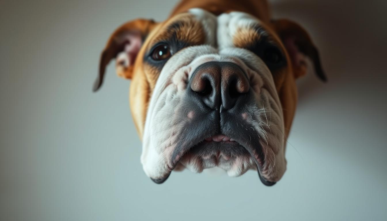 A close-up view of a bulldog's head, showcasing the prominent, forward-protruding lower jaw and misaligned bite. The skin around the muzzle is wrinkled, and the nose is slightly upturned, giving the bulldog a distinctive facial structure. The image is shot in a well-lit, neutral environment, allowing the viewer to focus on the intricate details of the bulldog's facial features. The lighting is soft and diffused, creating subtle shadows that accentuate the contours of the jaw and muzzle. The angle of the shot is slightly elevated, giving a slight downward perspective on the bulldog's face, emphasizing the underbite and the unique shape of the head. The overall mood is one of clinical observation, capturing the essence of the bulldog's unique facial anatomy.