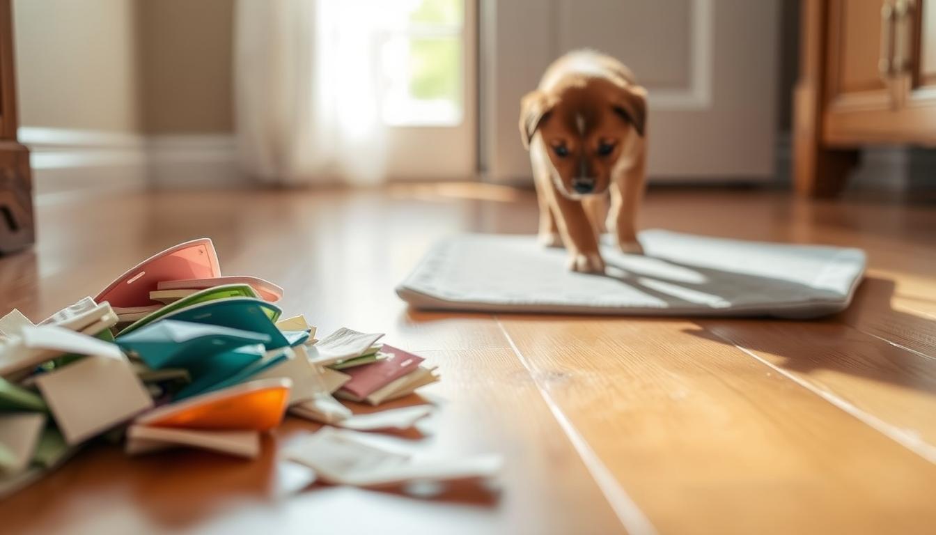 A tranquil transition from puppy pee pads to hardwood floor, showcasing a gradual progression. In the foreground, a pile of discarded pee pads, their once vibrant colors now faded. The middle ground features a pup tentatively stepping onto the smooth wooden planks, exploring the new terrain. Gentle natural light filters through a window, casting a warm glow and creating soft shadows that accentuate the textures. The background subtly blurs, hinting at the larger home environment, allowing the viewer to focus on the pivotal moment of this training journey. The overall scene conveys a sense of progress, growth, and the puppy's growing confidence in navigating its indoor world.