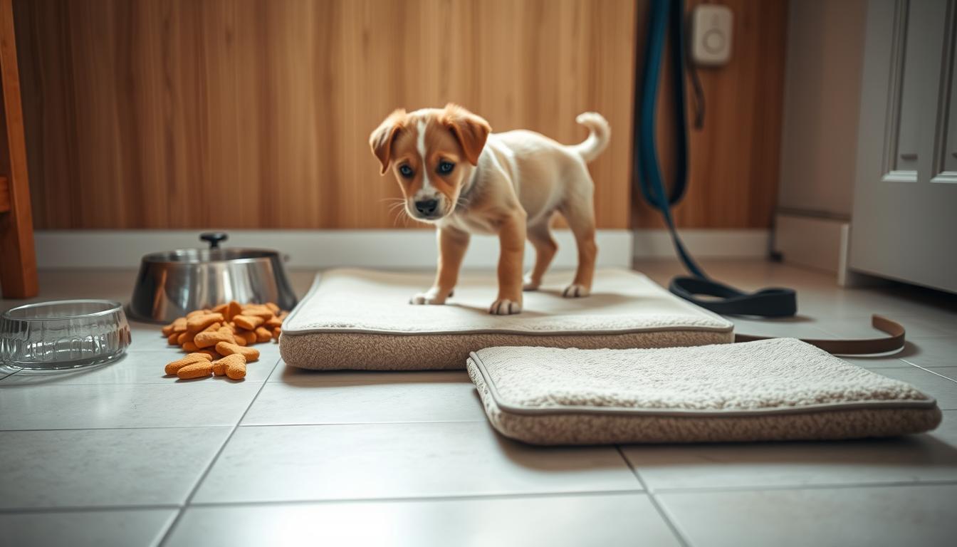 A cozy, well-lit room with a warm, inviting atmosphere. In the foreground, a soft, plush puppy pad sits on a clean, tiled floor. The puppy pad is made of high-quality, absorbent material and features a subtle, neutral-toned pattern. Surrounding the puppy pad are various puppy training supplies, such as a water bowl, puppy treats, and a leash, all neatly arranged. In the middle ground, a playful puppy, with big, curious eyes and a fluffy coat, stands on the puppy pad, sniffing and exploring its new environment. The puppy's body language conveys a sense of comfort and security. In the background, a wooden or tiled wall provides a clean, minimalist backdrop, allowing the puppy and its training setup to be the focal point of the image.