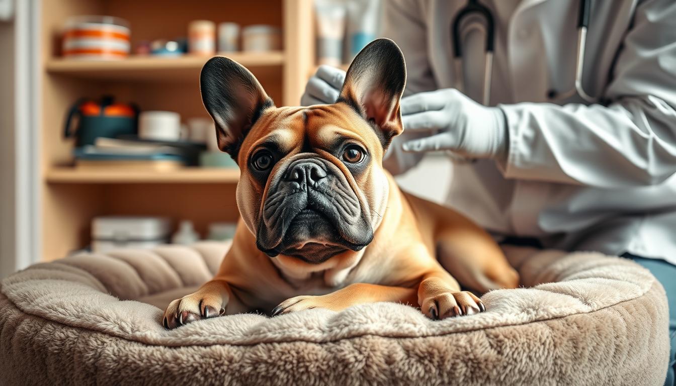 A French Bulldog resting on a plush pet bed, with a veterinarian examining its ears and providing gentle care. The scene is bathed in warm, soft lighting, creating a comforting and reassuring atmosphere. In the background, shelves filled with pet supplies and medical equipment suggest a well-equipped veterinary clinic. The Bulldog's expression is calm and trusting, reflecting the expertise and attentiveness of the caring veterinarian. The image conveys the importance of proactive healthcare for this breed, which is prone to various health issues that require specialized and attentive care.