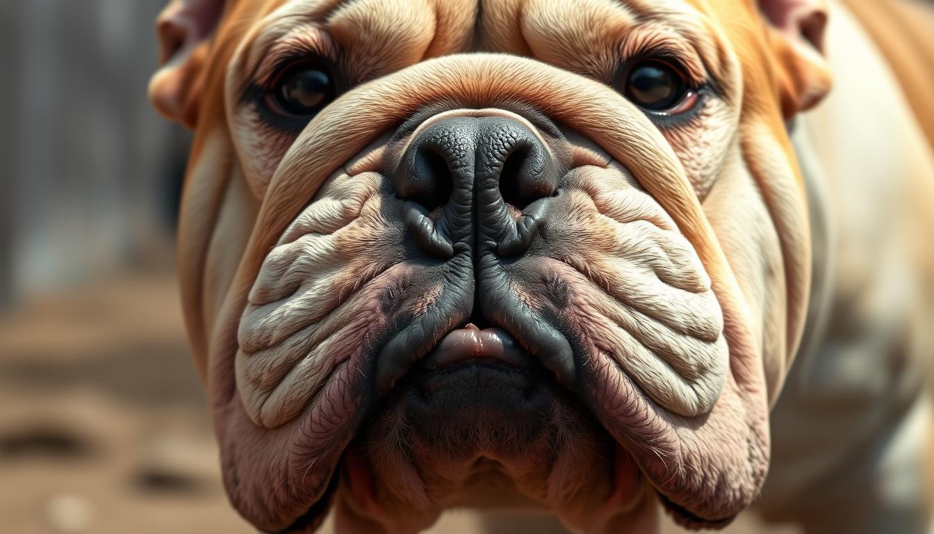 A close-up view of a bulldog's facial structure, captured in natural lighting and a shallow depth of field. The wrinkled, broad muzzle is prominently featured, with a pronounced underbite and hanging jowls. The eyes are set wide apart, the nose is pushed in, and the forehead is broad and wrinkled. The skin has a weathered, textured appearance, conveying the breed's sturdy and characterful nature. The image is presented with a sense of exploration and understanding, inviting the viewer to appreciate the unique facial features that define the bulldog's iconic appearance.