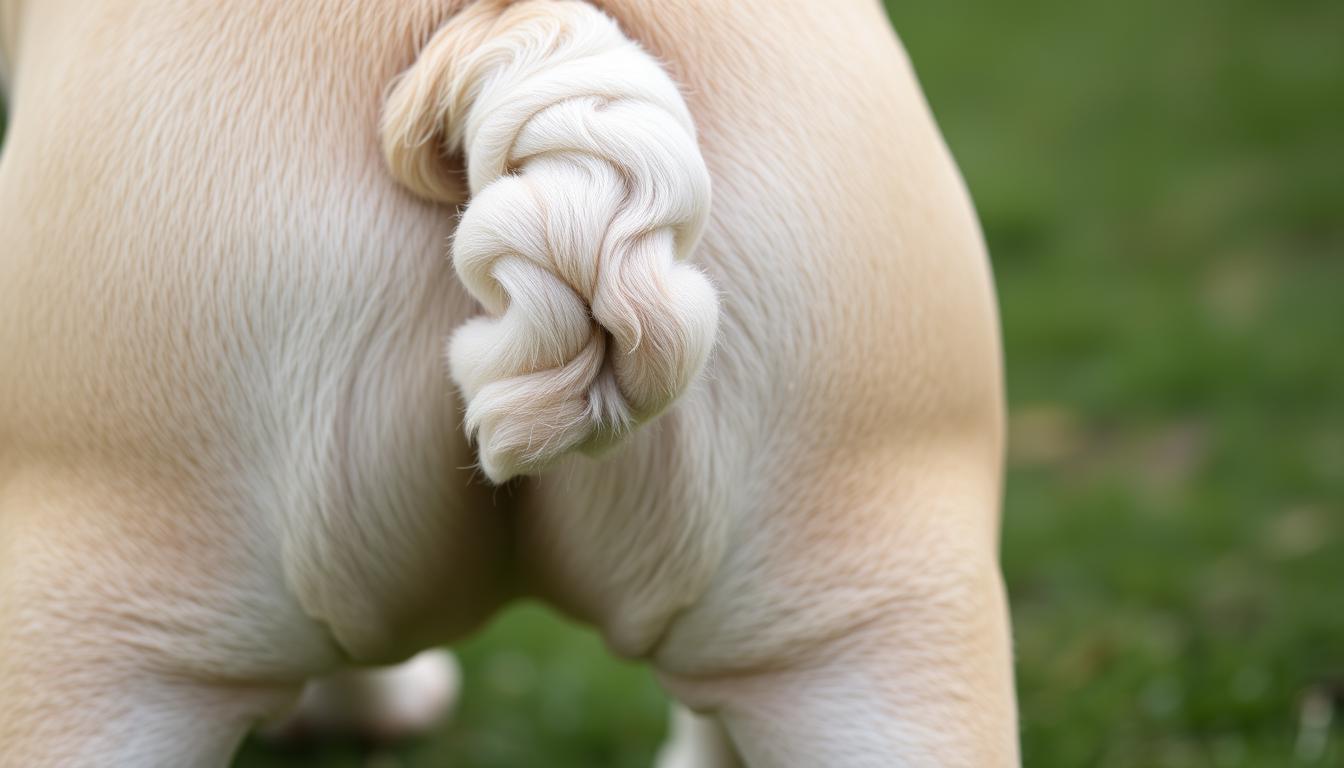 A close-up shot of an English Bulldog's tail, showcasing its unique and distinctive appearance. The tail is short, thick, and slightly curved, debunking the myth that Bulldogs have no tails. The image is captured in natural lighting, highlighting the wrinkled skin and soft, velvety texture of the tail. The background is slightly blurred, putting the focus on the intricate details of the tail. The overall mood is one of clarity and insight, revealing the truth about this often misunderstood feature of the Bulldog breed.