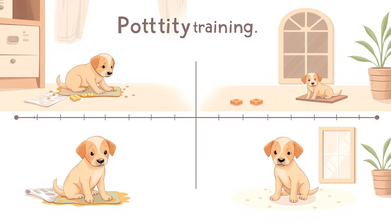 A series of four high-resolution, detailed illustrations depicting the timeline of puppy potty training, with a soft, warm color palette and gentle lighting. The foreground shows a puppy in different stages of the training process, from accidents to successful trips outside. The middle ground includes simple household elements like newspaper, puppy pads, and treats. The background features a neutral, cozy domestic setting with hints of natural elements like plants. The overall mood is calm, educational, and reassuring, conveying the gradual progress of potty training a puppy.