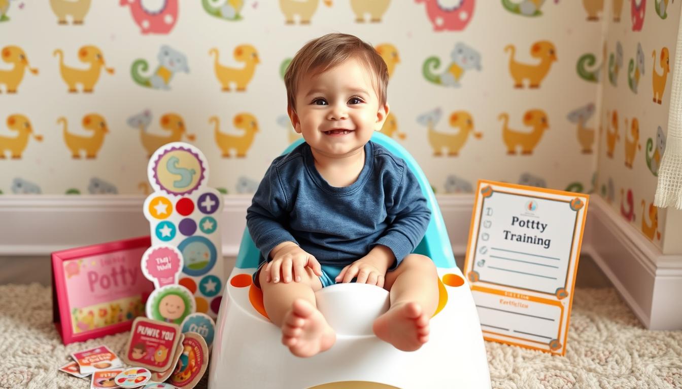 A toddler sitting on a colorful potty chair, surrounded by positive reinforcement items like stickers, treats, and a certificate. The child has a happy, proud expression, indicating a successful potty training session. The scene is well-lit, with soft, warm lighting creating a cozy, encouraging atmosphere. The background features a cheerful, cartoon-inspired wallpaper or decor, further reinforcing the positive and playful nature of the potty training process.