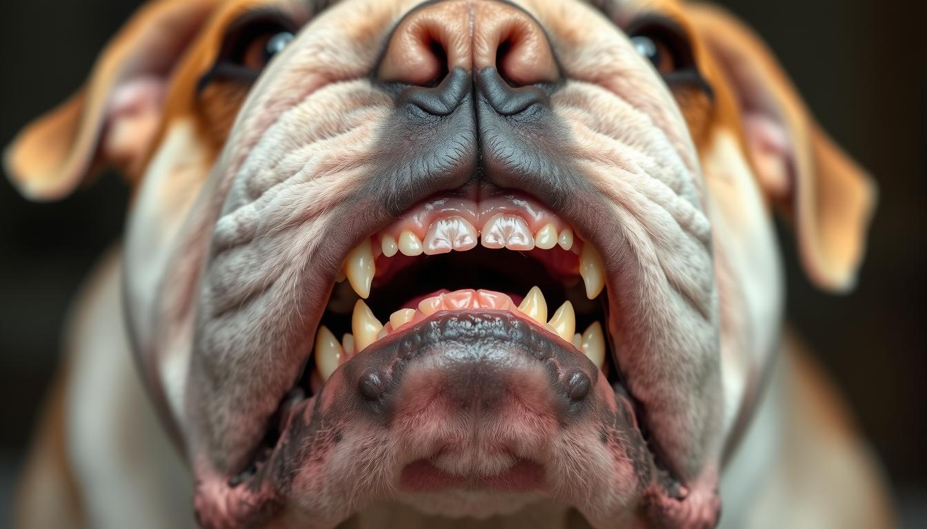 A close-up view of an elderly bulldog's face, capturing the distinctive underbite dental structure. The dog's mouth is gently open, revealing the misaligned teeth and pronounced overbite. Soft, even lighting illuminates the wrinkled skin and heavy, downturned jowls, accentuating the breed's unique facial features. The image is shot at a slight upward angle to emphasize the bulldog's distinctive underbite, creating a sense of empathy and understanding for the health challenges this facial characteristic can present. The overall mood is one of clinical curiosity, inviting the viewer to examine and appreciate the nuances of this breed's distinctive dental anatomy.