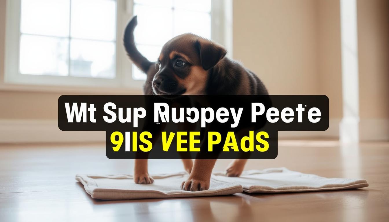 Puppy standing on pee pads, tail raised, in the process of urinating. Bright, natural lighting from a large window illuminates the scene. The puppy's expression is one of concentration, with ears perked forward. The pee pads are visibly moist, indicating the puppy has missed the target. The background is a clean, neutral-toned room, allowing the puppy and pee pads to be the focal point. The image conveys a sense of the common problem of a puppy missing the training pads, which the article aims to address.