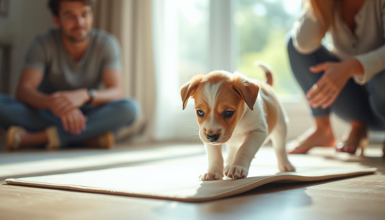 A playful puppy carefully navigating the training pad, its paws delicately placed, as a caring owner watches nearby, offering encouragement and guidance. Soft natural lighting filters through the window, casting a warm glow on the scene. The puppy's eyes are alert, its expression one of focused determination, while the owner's posture conveys patience and understanding. The training pad stands out, its clean surface a symbol of the ongoing learning process. The background is subtly blurred, keeping the attention firmly on the puppy and the owner's interaction, the perfect illustration of a "common training mistake to avoid" during the crucial potty training stage.