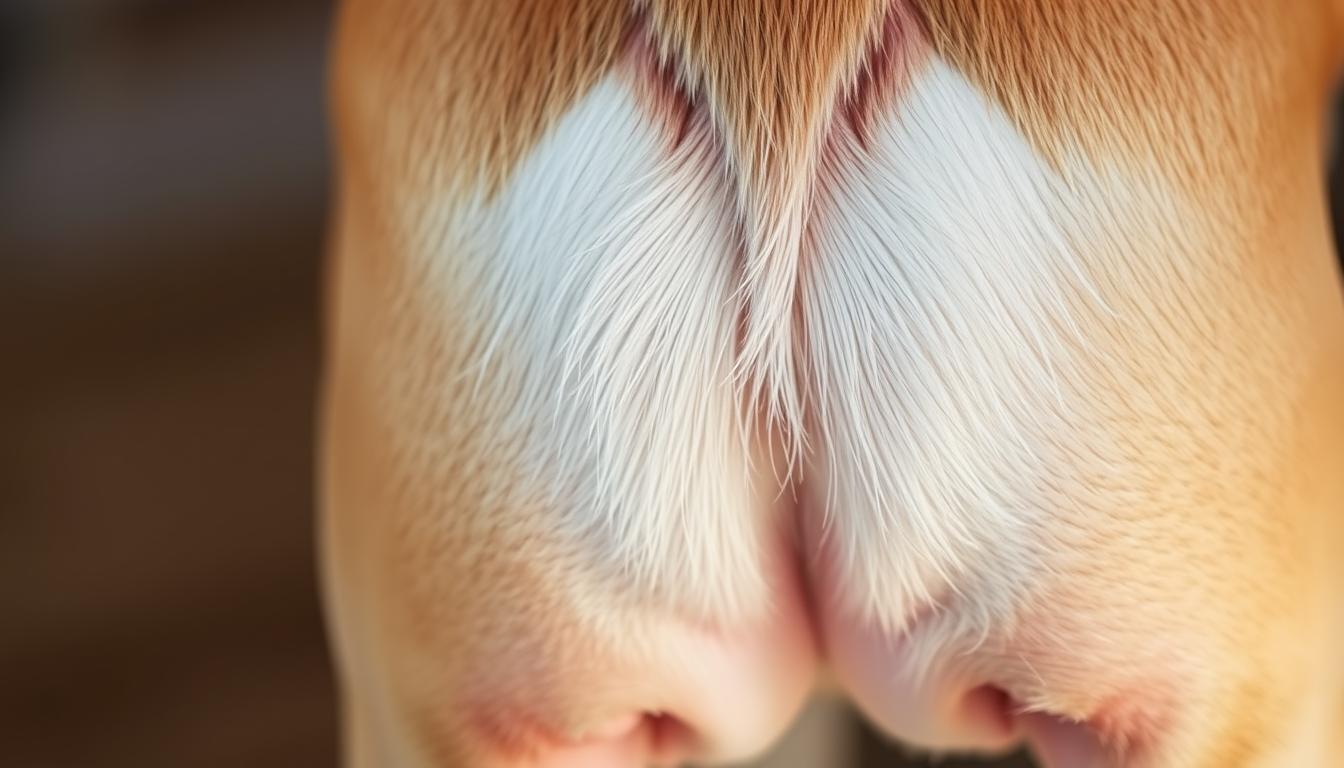 A close-up shot of a bulldog's tail, softly illuminated by natural lighting. The tail is clean, groomed, and free of any visible irritation or discoloration. The texture of the fur is evident, with attention to detail in the wrinkles and folds of the skin. The image is captured at a medium angle, allowing for a clear view of the tail's structure and shape. The background is blurred, keeping the focus on the bulldog's tail and its care. The overall mood is one of calm and attention to detail, reflecting the importance of proper tail maintenance for the health and well-being of the English bulldog.