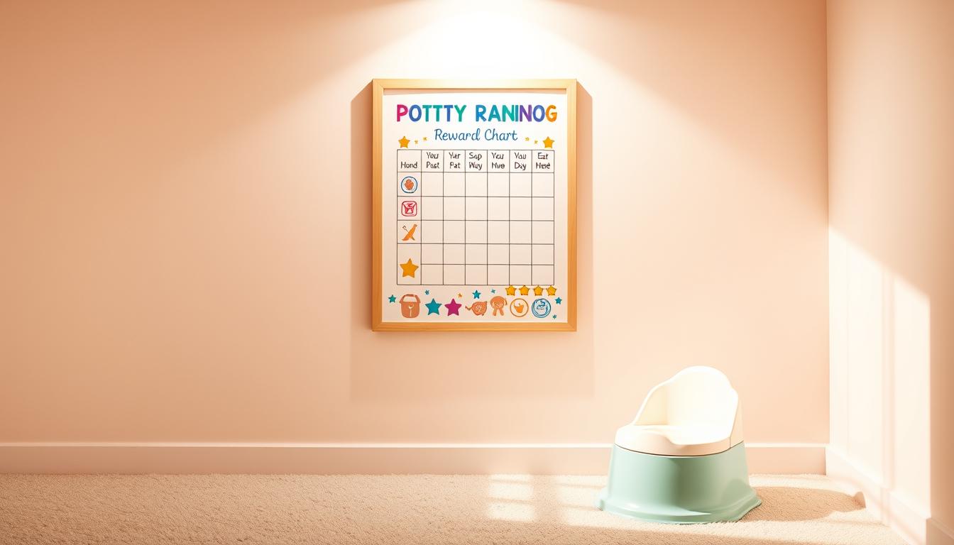 A brightly lit, cheerful room with a pastel-colored wall display featuring a potty training reward chart. The chart is mounted on a wooden frame, with colorful stickers, stars, and other positive reinforcement icons. Nearby, a small child's potty chair sits on the carpeted floor, ready for use. The lighting is soft and inviting, creating a warm, nurturing atmosphere. The overall scene conveys a sense of encouragement and excitement around the potty training process, emphasizing the importance of positive reinforcement in this developmental milestone.