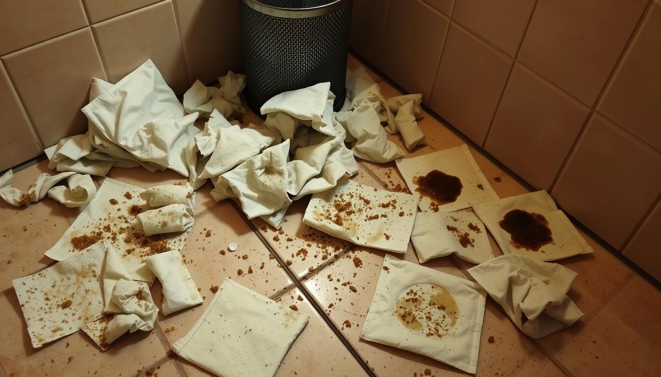 A cluttered corner of a tiled bathroom floor, dimly lit by a warm overhead lamp. Soiled, crumpled puppy pee pads litter the scene, their once-pristine white surfaces stained with dark urine patches and crumbs. The pads are haphazardly arranged, some partially tucked under a small metal trash can, others carelessly tossed aside. The air carries a faint, unpleasant odor, hinting at the neglect. The overall impression is one of carelessness and a failure to maintain a clean, hygienic environment for the puppy.