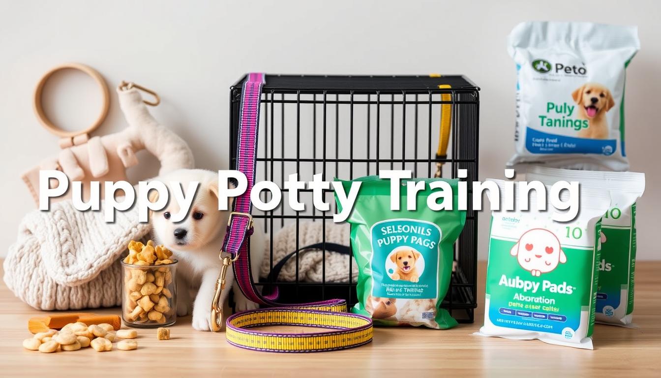 Image of puppy potty training supplies, including a crate, leash, treats, and puppy pads.