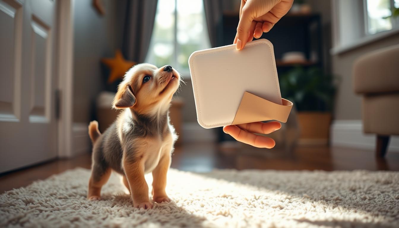 A playful puppy in a cozy indoor setting, standing on a plush rug, looking up expectantly while a caring human hand holds a puppy training pad, creating a warm, nurturing atmosphere to reinforce potty training during the third week. Soft, natural lighting filters in through a nearby window, casting a gentle glow on the scene. The overall mood is one of patience, encouragement, and the steady progress of this important developmental milestone.