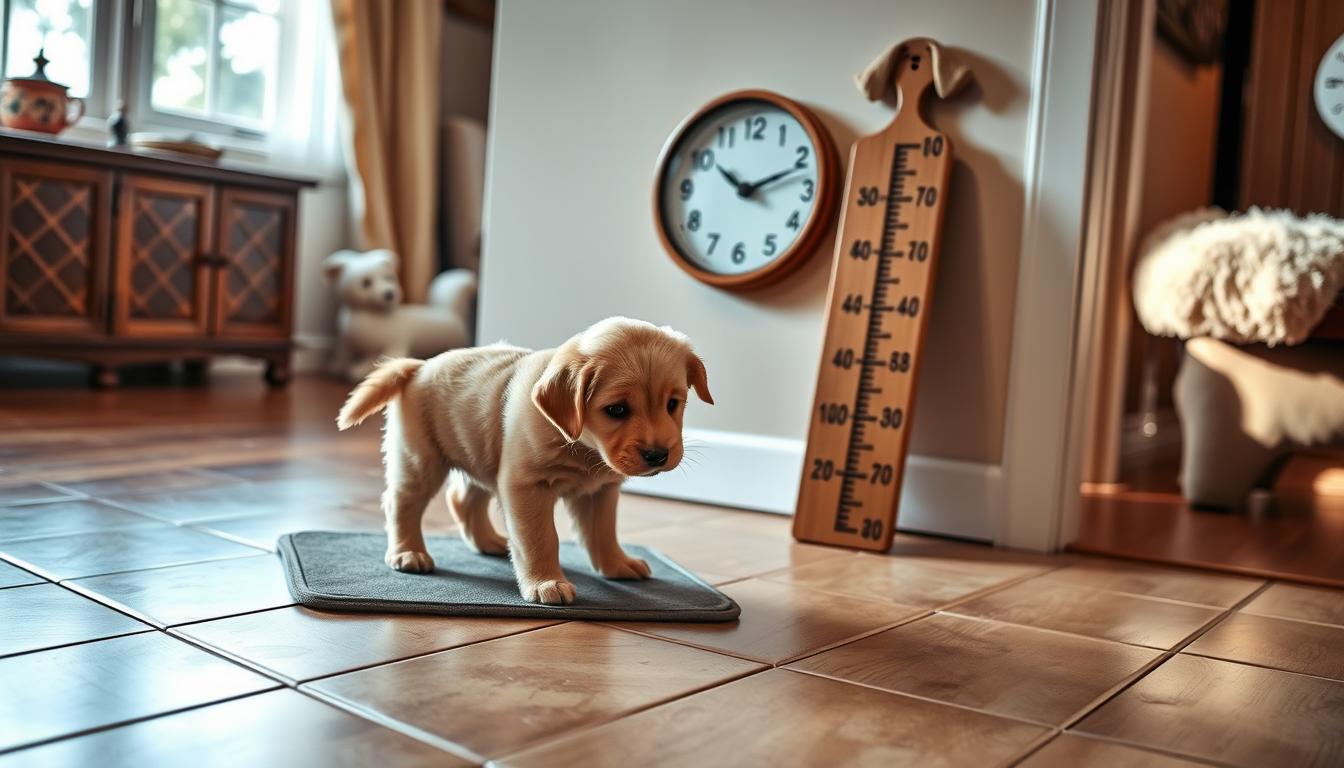 A well-lit, detailed scene of a puppy potty training schedule. In the foreground, a clean, tiled puppy potty area with a training pad. The puppy, a fluffy golden retriever, is standing on the pad, looking attentive. In the middle ground, a wooden ruler or clock is prominently displayed, indicating specific times for potty breaks. The background features a cozy, domestic setting - perhaps a warm, sunlit room with hardwood floors and a few soft, plush dog toys. The overall atmosphere conveys a sense of routine, structure, and care in the puppy's training process.