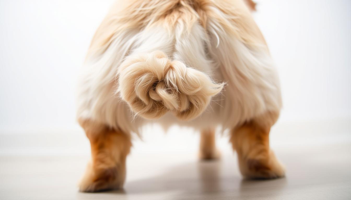 A well-lit close-up of a fluffy English bulldog's tail, showcasing the unique small size, wrinkly skin, and curly or scrunched appearance. The tail is the focal point, surrounded by a clean, soft-focus background that highlights its distinct characteristics. Gentle lighting from above and the side creates subtle shadows, emphasizing the texture and contours. The camera angle is low, capturing the tail at eye level to convey a sense of intimate observation and study. The overall mood is one of attentive, curious examination of this distinctive canine feature.
