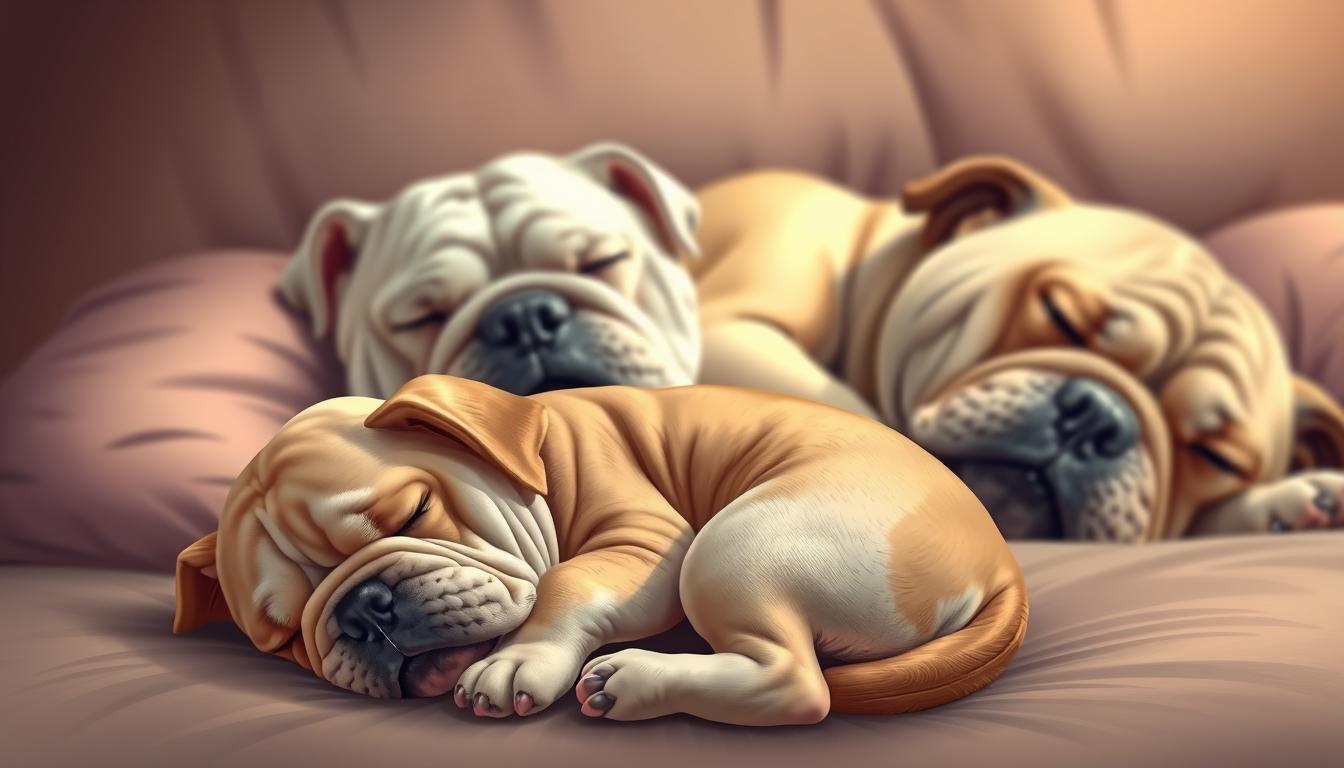 A serene, high-quality photorealistic illustration showcasing the sleep stages of a bulldog across different ages. In the foreground, a young bulldog puppy curled up, sleeping soundly. In the middle ground, an adult bulldog in a deep slumber, its wrinkly face relaxed. In the background, an elderly bulldog napping peacefully, its gray muzzle a testament to its years. Soft, warm lighting illuminates the scene, creating a cozy, intimate atmosphere. The image captures the varying sleep patterns and durations of bulldogs as they progress through their life stages, perfectly complementing the article's exploration of canine sleep habits.