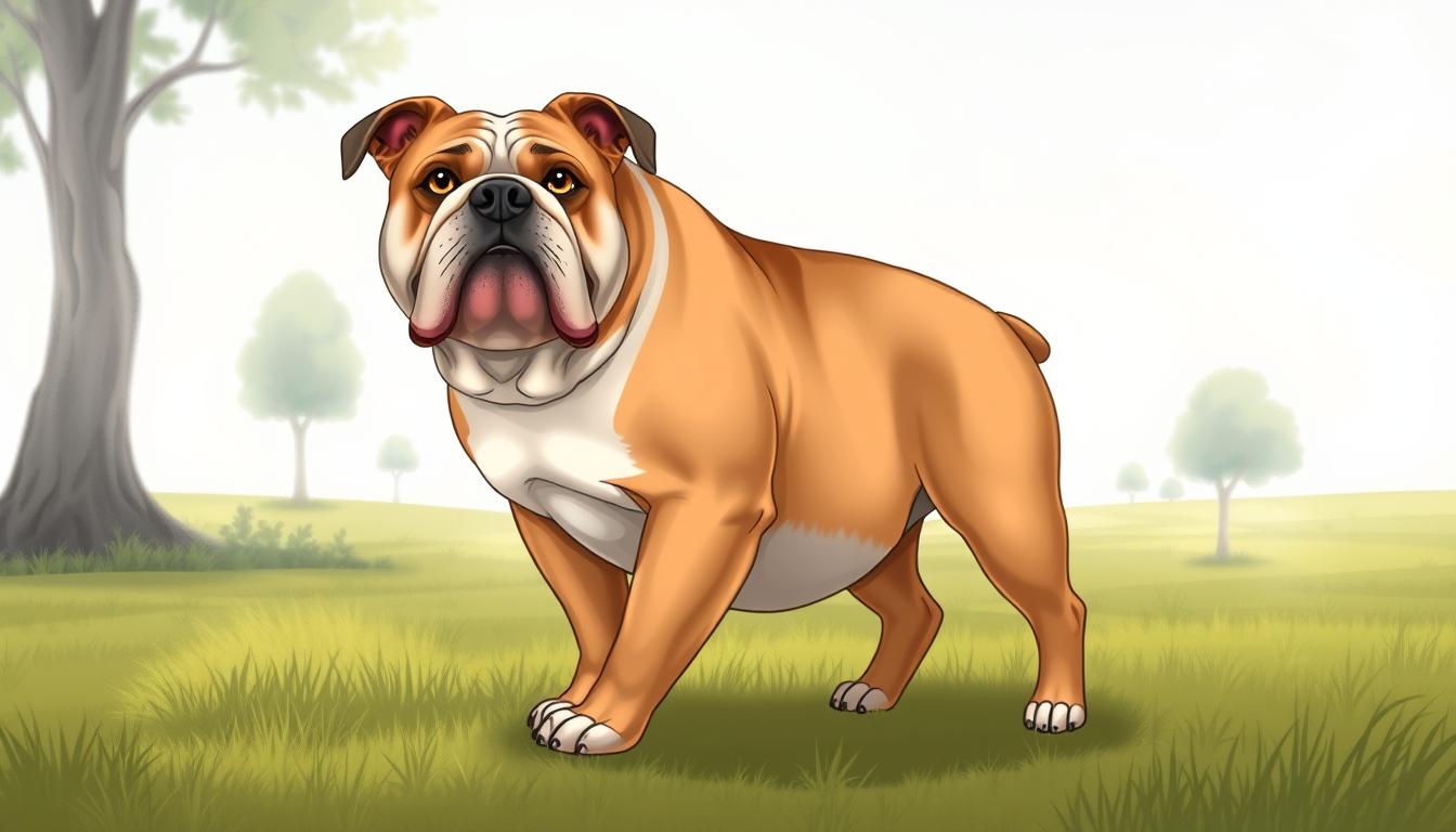 A detailed illustration of an English Bulldog showcasing its distinctive physical traits. The scene is set in a calm, natural environment with soft, diffused lighting. The bulldog is positioned in the foreground, sitting upright with a confident, alert expression. Its muscular, stocky build, short snout, wrinkled brow, and small, pointed ears are prominently featured. The background depicts a grassy field with a few trees, creating a serene, pastoral atmosphere. The entire composition emphasizes the breed's unique characteristics, including its low-to-the-ground stance, broad chest, and sturdy, bow-legged appearance. The image should convey the breed's endearing, good-natured temperament while highlighting its most recognizable physical features.