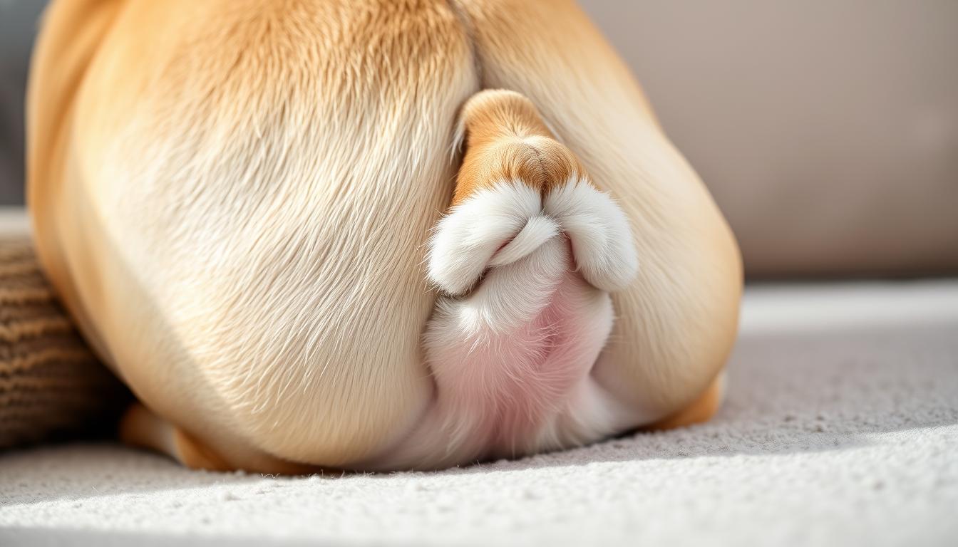A close-up portrait of a bulldog's short, compact tail with a soft, velvety texture. The tail is clean, well-groomed, and rests comfortably on a plush, neutral-colored surface. Gentle, natural lighting illuminates the details, highlighting the wrinkles and the unique shape of the tail. The background is blurred, emphasizing the main subject. The overall mood is serene and informative, conveying the importance of proper bulldog tail care.