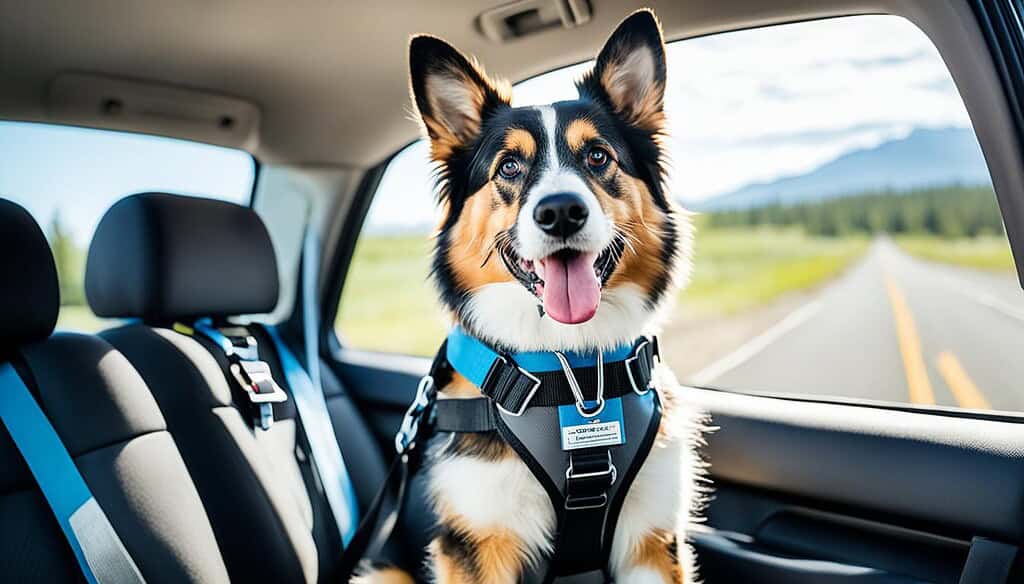 Dog in car with safety accessories