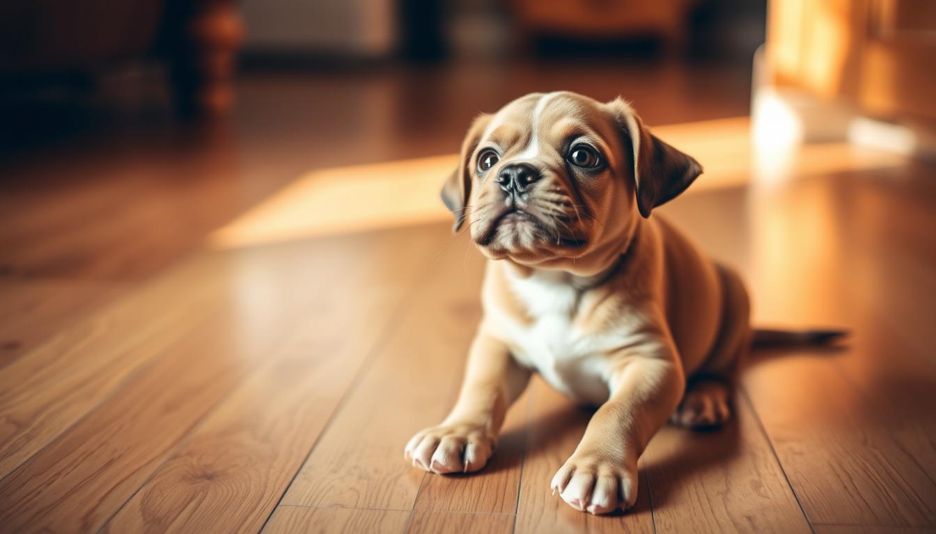 A young puppy sitting on a hardwood floor, tilting its head slightly and looking up with big, pleading eyes, its body language indicating a need to go outside and relieve itself. The lighting is warm and natural, with soft shadows highlighting the puppy's fur. The camera angle is low, giving a sense of the puppy's perspective and the urgency of its situation. The background is blurred, keeping the focus on the puppy's expressive face and body. The overall mood is one of endearment and understanding, conveying the importance of recognizing and responding to a puppy's potty signals.