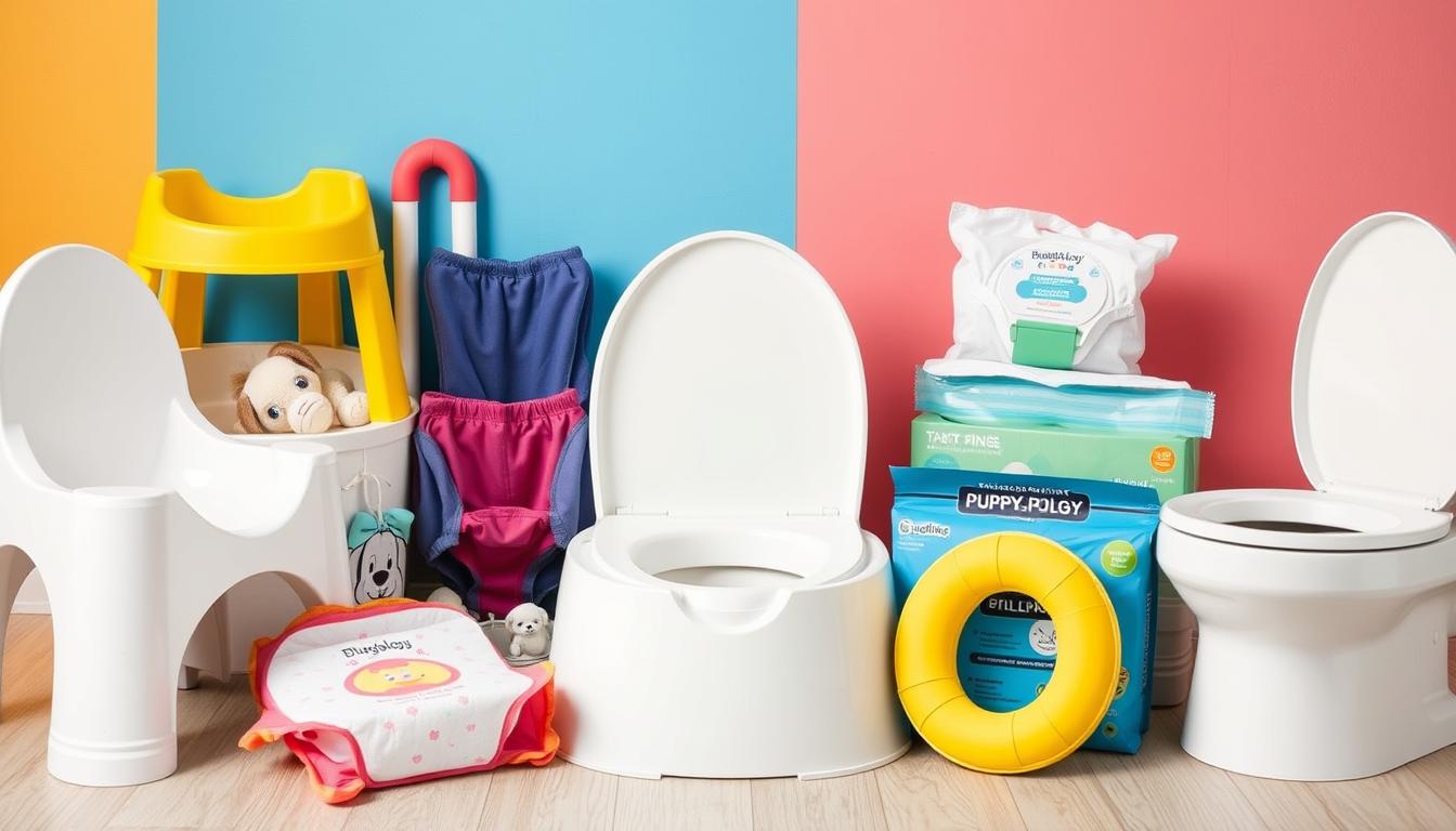 Image of various potty training supplies, including potty chairs, toilet adapters, training pants, underwear, and Bulldogology puppy pads.