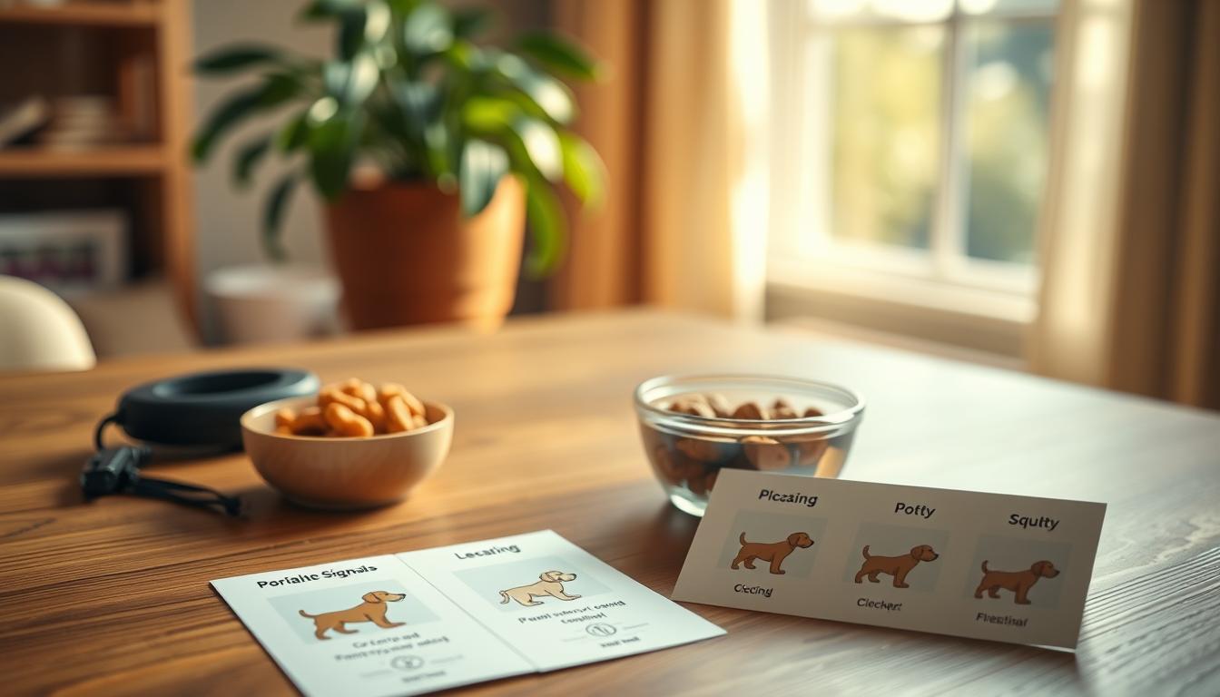 A well-lit indoor scene depicting various puppy training signs arranged on a wooden surface. In the foreground, a set of illustrated cards showing different puppy potty signals like circling, sniffing, or squatting. In the middle ground, a bowl of puppy treats and a clicker training tool. In the background, a soft-focus potted plant and warm, natural lighting from a nearby window. The overall mood is informative and educational, with a cozy, homely atmosphere to cultivate a sense of guidance and care for the puppy's development.