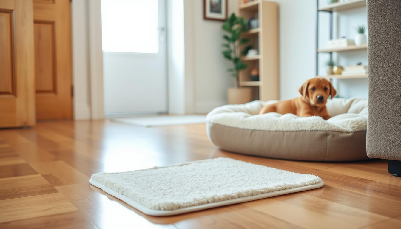 A well-lit room with a warm, inviting atmosphere. In the foreground, a soft, plush puppy pad is strategically placed on a hardwood floor, its edges neatly aligned with the surrounding furniture. The pad is positioned near a doorway, providing a designated, easily accessible spot for the puppy to relieve itself. In the middle ground, a cozy dog bed sits adjacent to the pad, creating a comfortable resting area. The background features tasteful decor, such as a potted plant and a minimalist bookshelf, hinting at a well-appointed, family-friendly living space. Gentle side lighting casts a soft glow, highlighting the textures and colors of the scene.