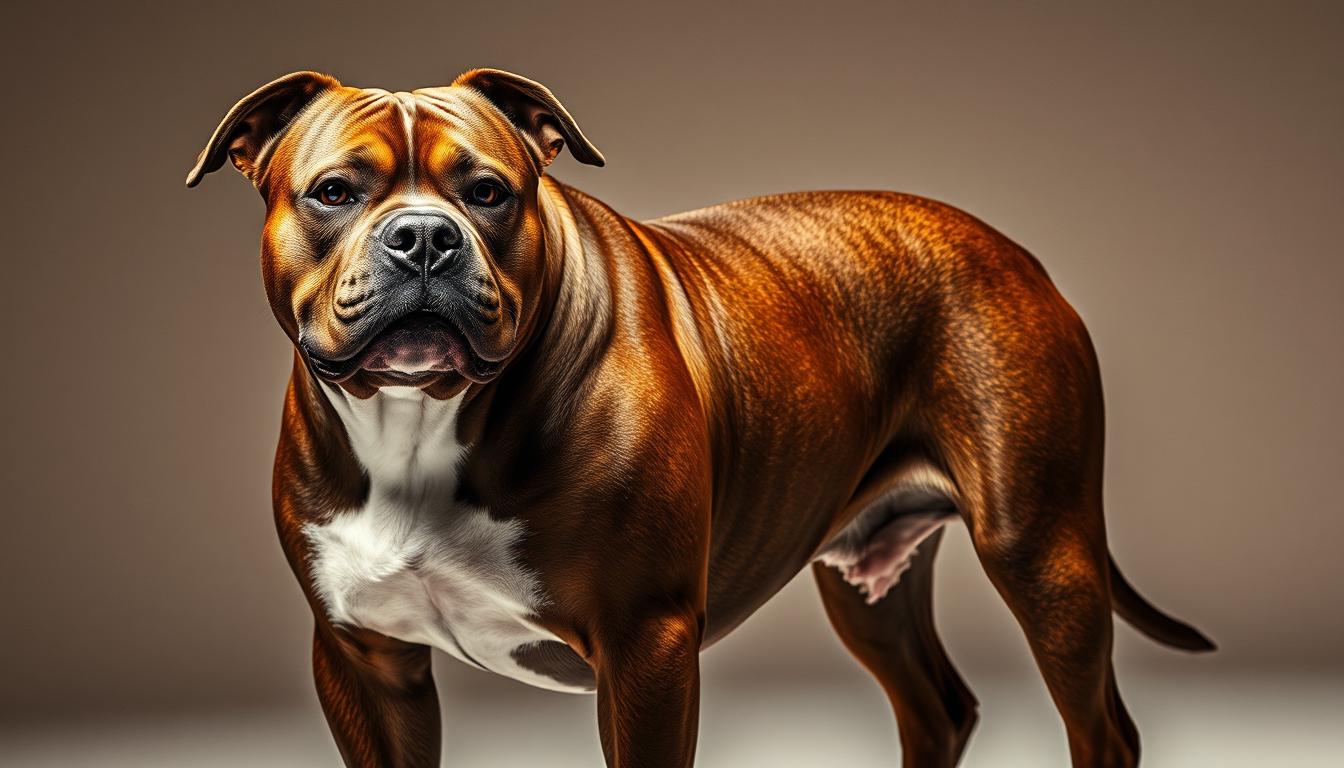 A detailed and dynamic portrait of the quintessential "bully breed" traits, captured in striking realism. In the foreground, a powerful, muscular canine with a broad head, pronounced jaws, and a confident, alert gaze. Its coat shimmers with a sleek, short-haired texture, accentuating the breed's characteristic physique. The middle ground features a well-defined, stocky body, with sturdy, powerful limbs and a compact, low-slung silhouette. In the background, a neutral, studio-style setting illuminates the subject, casting warm, directional lighting that enhances the breed's distinctive features. The overall mood conveys the breed's inherent strength, courage, and unwavering loyalty, capturing the essence of the "bully" archetype.